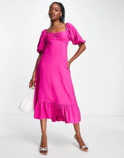 Nobody's Child Darcie Puff Sleeve Midi Dress In Fuchsia For Women Purple