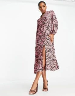 Nobody's Child Daisy Collared Midi Tea Dress In Fuchsia Bloom For Women Fuchsia Pink