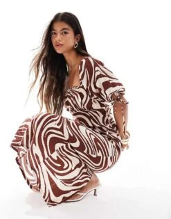 Nobody's Child Heidi Tie Sleeve Midaxi Dress In Brown Abstract Print For Women