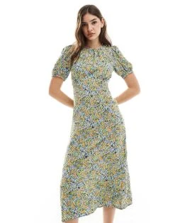 Nobody's Child Clover Puff Sleeve Midi Dress In Ditsy Floral For Women Yellow Ditsy Floral