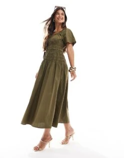 Nobody's Child Cassandra Shirred Waist Midaxi Dress In Green For Women