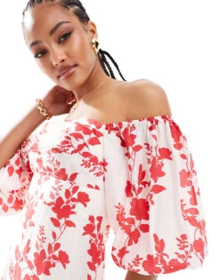 Nobody's Child Maxine Bardot Balloon Sleeve Midaxi Dress In Large Red Floral For Women -Nobody’s Child Shop 206203905 4