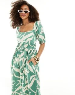 Nobody's Child Ginger Puff Sleeve Midi Dress In Green Abstract Print For Women -Nobody’s Child Shop 206213380 2