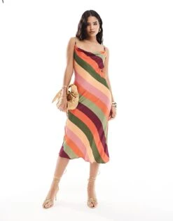Nobody's Child Cece Satin Midaxi Dress In Multi Colour Stripe For Women