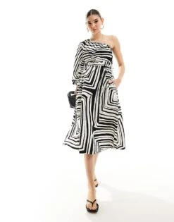 Nobody's Child Saffy One Shoulder Linen Midi Dress In Mono Print For Women Multi