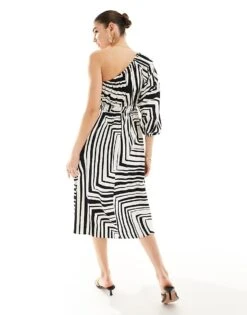 Nobody's Child Saffy One Shoulder Linen Midi Dress In Mono Print For Women Multi -Nobody’s Child Shop 206213507 3