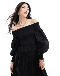 Nobody's Child Amanda Off Shoulder Smock Top Co-ord In Black For Women