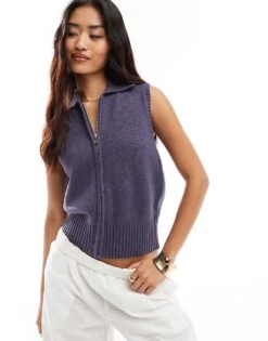 Nobody's Child Zip Up Sleeveless Collared Cardigan In Navy For Women -Nobody’s Child Shop 206922843 1 navy 1