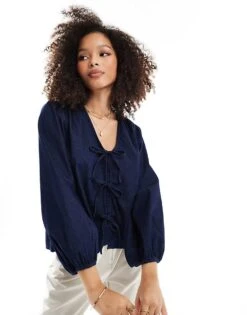 Nobody's Child Bernadetta Denim Blouse In Dark Blue For Women Light Blue