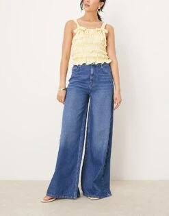 Nobody's Child 5 Pocket Denim Wide Leg Jeans In Mid Wash For Women Dark Blue