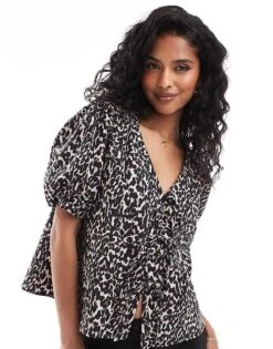 Nobody's Child Bernadetta Tie-front Top In Leopard Print For Women