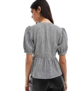 Nobody's Child Ria Short Sleeve Button Blouse In Mono Gingham For Women -Nobody’s Child Shop 207153139 3
