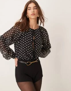 Nobody's Child Marlow Ruffle Blouse In Black Spot For Women