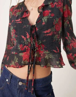 Nobody's Child Lotus Frill Blouse In Black Floral Print For Women Black/multi -Nobody’s Child Shop 207276005 3