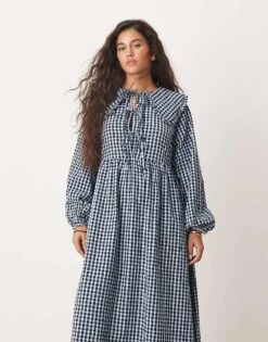 Nobody's Child Blaze Midi Dress With Collar Detail In Blue Check For Women