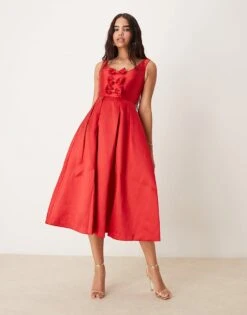 Nobody's Child Structured Satin Midi Dress With Bow Detail In Red For Women
