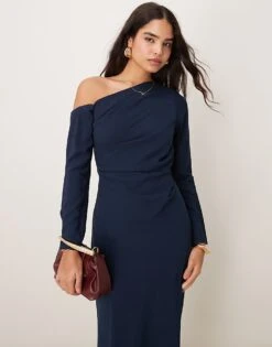 Nobody's Child Katty Off Shoulder Midaxi Dress With Split In Navy For Women -Nobody’s Child Shop 207276838 2