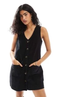 Nobody's Child Claudette V Neck Cord Pinny Dress In Black For Women