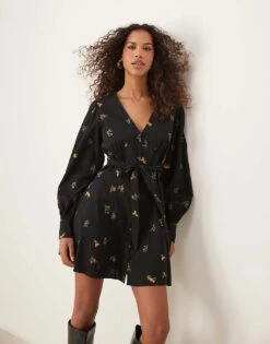 Nobody's Child Shannon Long Sleeve Mini Dress In Black Ditsy For Women Black Print