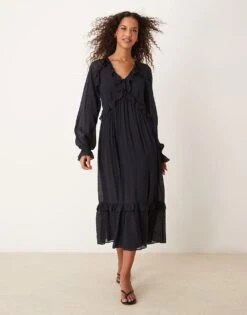 Nobody's Child Aries Ruffle Detail Midi Dress In Deep Navy For Women