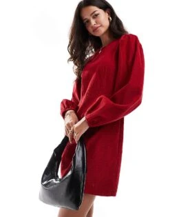 Nobody's Child Patras Cord Mini Dress With Balloon Sleeve In Red For Women