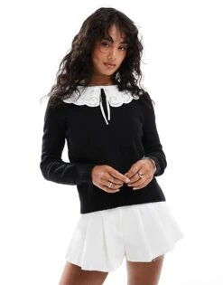 Nobody's Child Broderie Collar Knitted Jumper In Black And White For Women -Nobody’s Child Shop 207281972 3