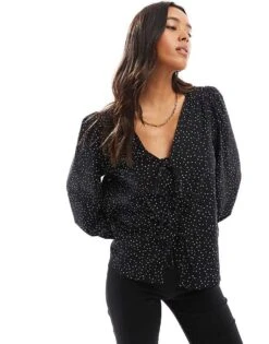 Nobody's Child Bernadetta Long Sleeve Tie-detail Blouse In Micro Spot For Women -Nobody’s Child Shop 207302297 1 microspot 1