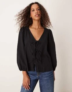 Nobody's Child Bernadetta Long Sleeve Tie-detail Blouse In Black For Women