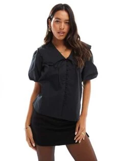Nobody's Child Birdie Collar Detail Short Sleeve Blouse In Black For Women -Nobody’s Child Shop 207302350 1 black 1