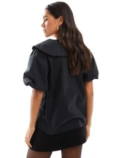 Nobody's Child Birdie Collar Detail Short Sleeve Blouse In Black For Women -Nobody’s Child Shop 207302350 2