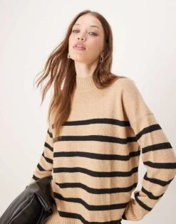 Nobody's Child Oversized High Neck Jumper In Brown Stripe For Women
