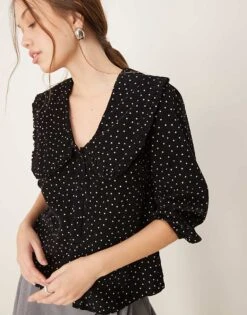 Nobody's Child Emmie Cord Blouse With Collar In Black Spot Print For Women Multi
