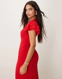 Nobody's Child Layla V Neck Midaxi Dress With Ruffle Shoulders In Red For Women -Nobody’s Child Shop 207332517 3