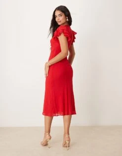 Nobody's Child Layla V Neck Midaxi Dress With Ruffle Shoulders In Red For Women -Nobody’s Child Shop 207332517 4