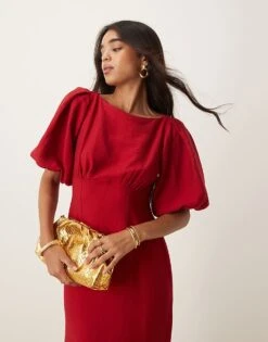 Nobody's Child Hannah Midaxi Dress With Balloon Sleeve In Red For Women