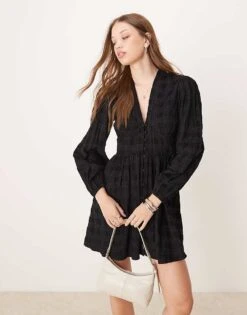 Nobody's Child Starlight Cord Mini Dress With Balloon Sleeves In Black Check For Women