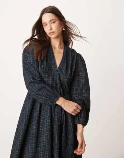 Nobody's Child Starlight Cord Midaxi Dress With Balloon Sleeves In Navy Check For Women -Nobody’s Child Shop 207408623 1 navy 1