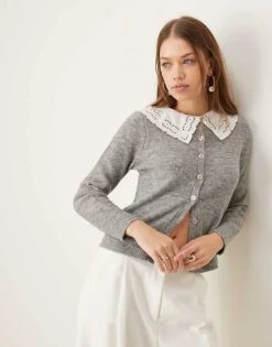 Nobody's Child Woven Broderie Collar Knitted Cardigan In Grey For Women -Nobody’s Child Shop 207411139 1 grey 1