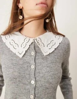 Nobody's Child Woven Broderie Collar Knitted Cardigan In Grey For Women -Nobody’s Child Shop 207411139 4