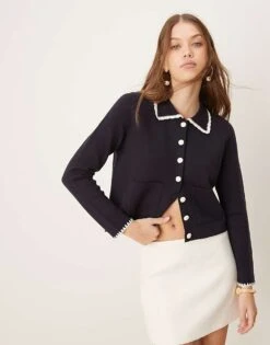 Nobody's Child Knitted Cardigan With Collar And Contrast Trim In Blue For Women -Nobody’s Child Shop 207411145 1 blue 1