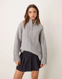 Nobody's Child Premium Half Zip Cable Knit Wool Jumper In Grey For Women -Nobody’s Child Shop 207411163 1 grey 1