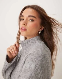 Nobody's Child Premium Half Zip Cable Knit Wool Jumper In Grey For Women -Nobody’s Child Shop 207411163 4