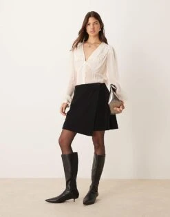 Nobody's Child Sofia Wrap Front Mini Cord Skirt In Black For Women