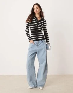 Nobody's Child Ribbed Button Through Top In Knitted Stripe For Women Black -Nobody’s Child Shop 207411345 3