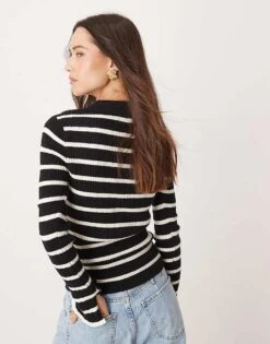 Nobody's Child Ribbed Button Through Top In Knitted Stripe For Women Black -Nobody’s Child Shop 207411345 4