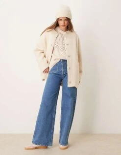 Nobody's Child Crew Neck Borg Duffle Jacket In Cream For Women