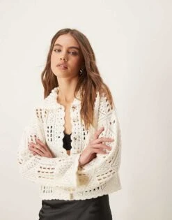 Nobody's Child Crochet Knit Button Up Cardigan In Cream For Women