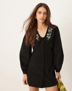 Nobody's Child Primrose Cord Mini Dress With Embroidered Collar In Black For Women -Nobody’s Child Shop 207626519 1 black 1