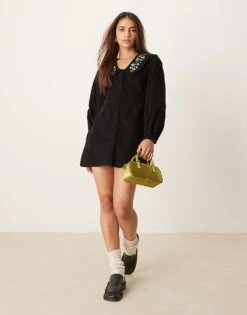 Nobody's Child Primrose Cord Mini Dress With Embroidered Collar In Black For Women -Nobody’s Child Shop 207626519 4