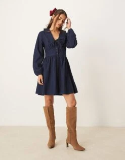 Nobody's Child Ottilie Denim Mini Dress With Collar Detail In Dark Blue Wash For Women Dark Denim